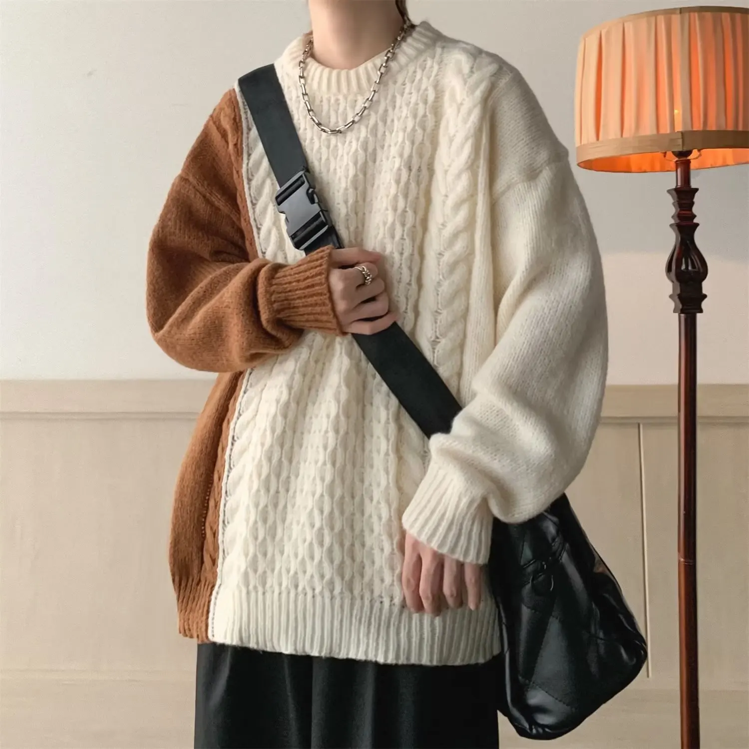 

HOUZHOU Patchwork Men's Knitted Sweater Men Pullovers Sweaters Male Loose Casual Tops Autumn Winter Japanese Streetwear Hip Hop