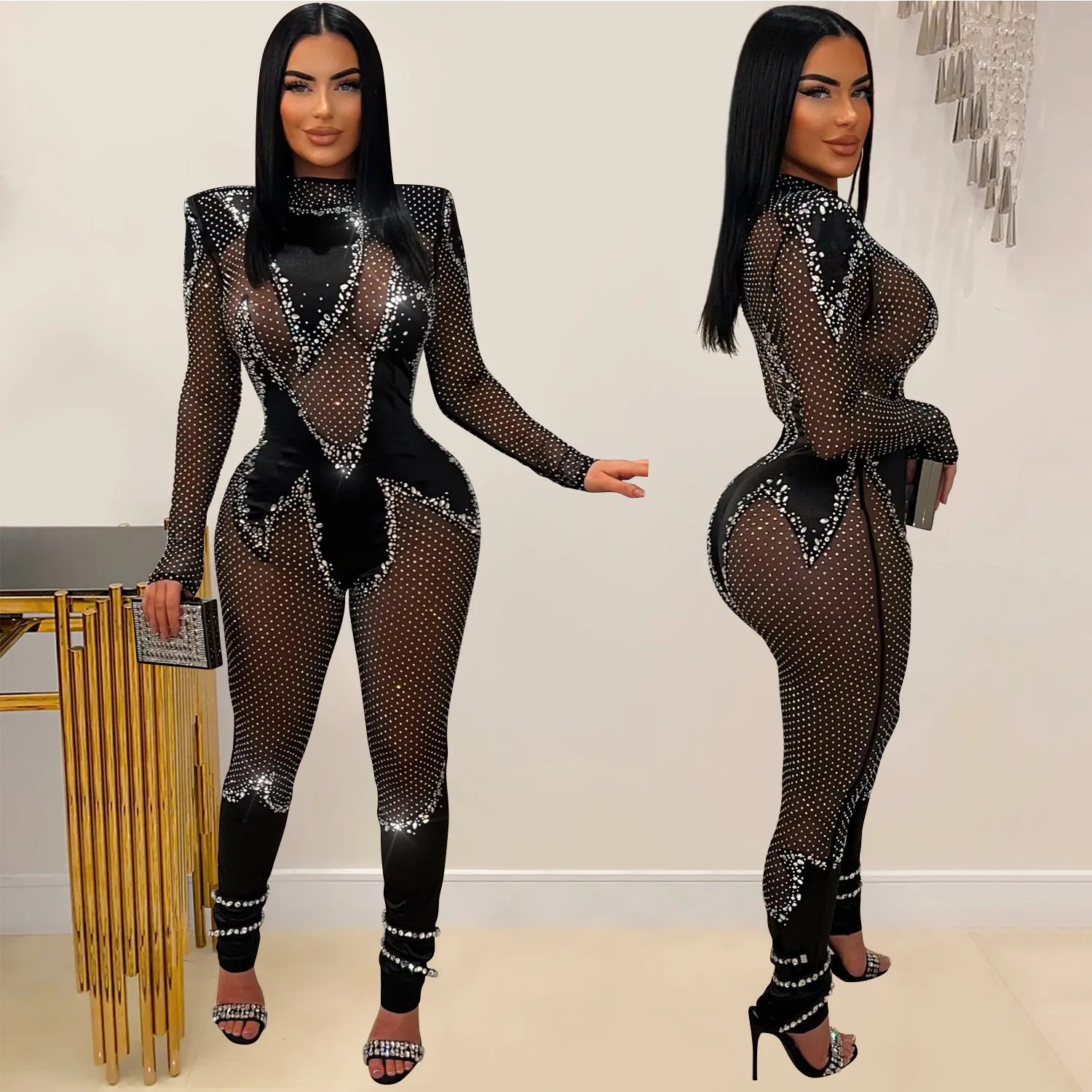Women's Monochromatic Mesh Jumpsuit, Long Sleeved Pants, Hot Diamond, Amazon European and American Fashion