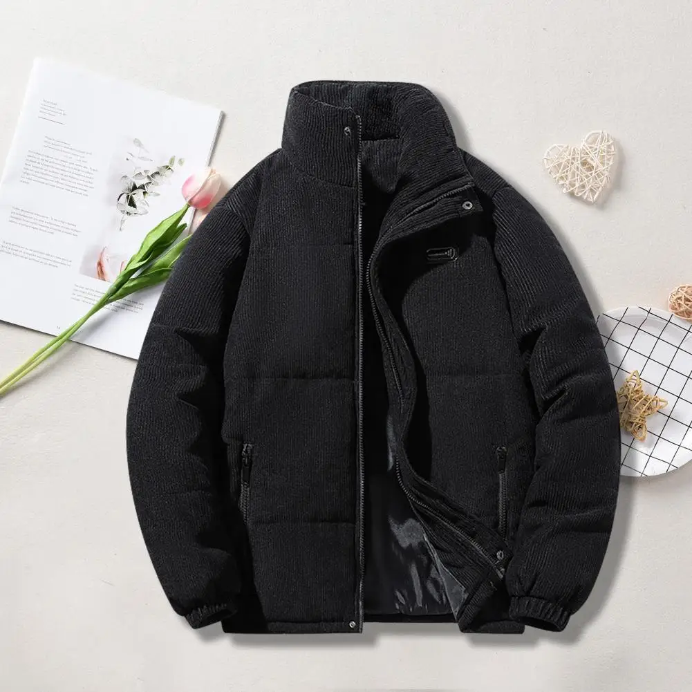 

Cold Weather Polyester Coat Men's Winter Cotton Coat with Stand Collar Thick Padded Windproof Warmth Zipper Closure Mid Length