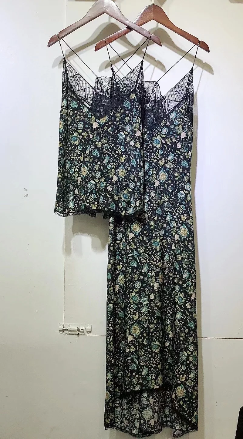 

Women Sling Dress 100% Viscose Print Lace Trim V-neck Sleeveless Irregular Sexy Midi Robe