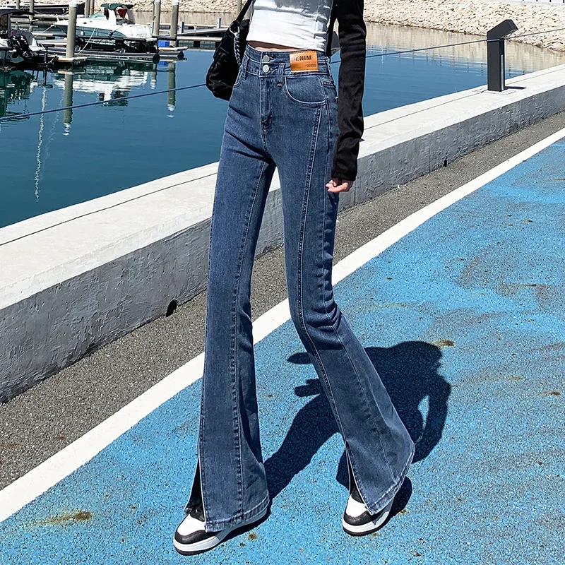 

High Waist Stretch Women's Jeans Fork Wide Leg Flared Jeans Pants Female Fashion Repair Dragging Denim Trousers Streetwear
