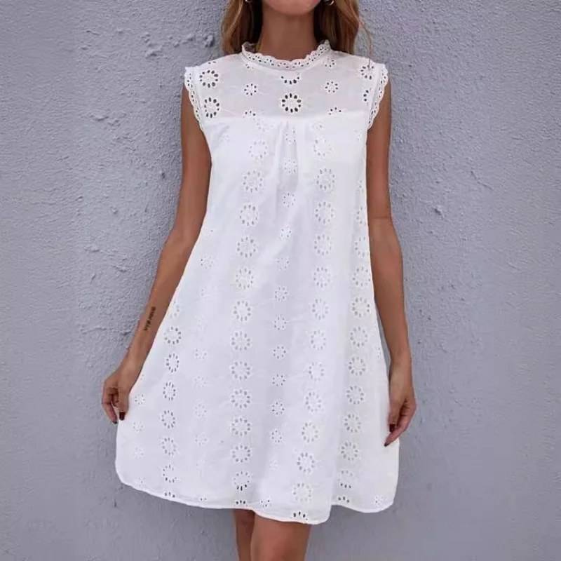 White Lace Short Sleeveless Summer Dress for Women