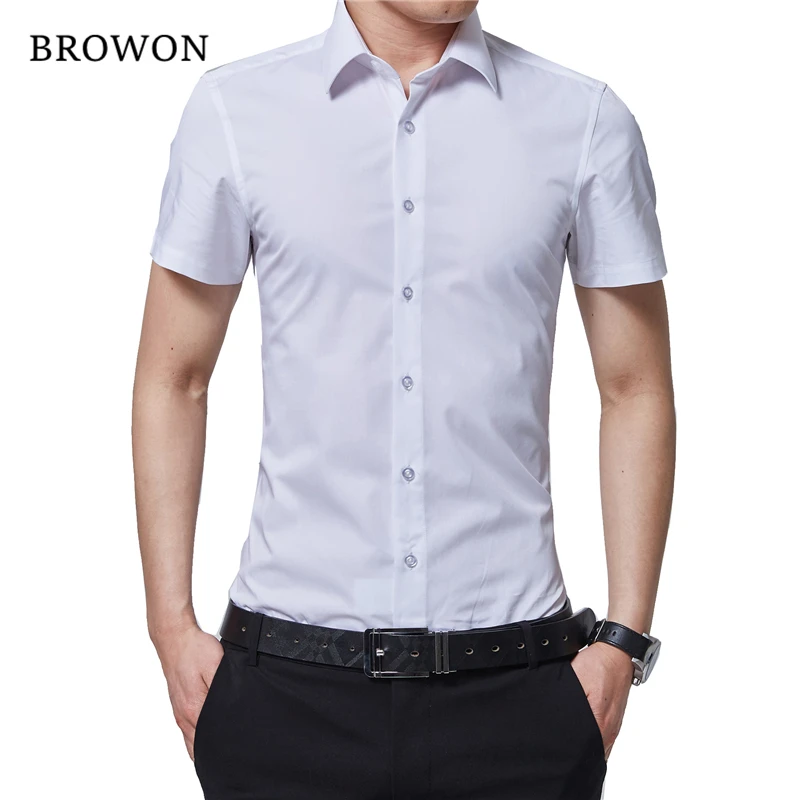 BROWON Formal Shirt Men Short Sleeve Turn Down Color Slim Fit Plus Size M-5XL