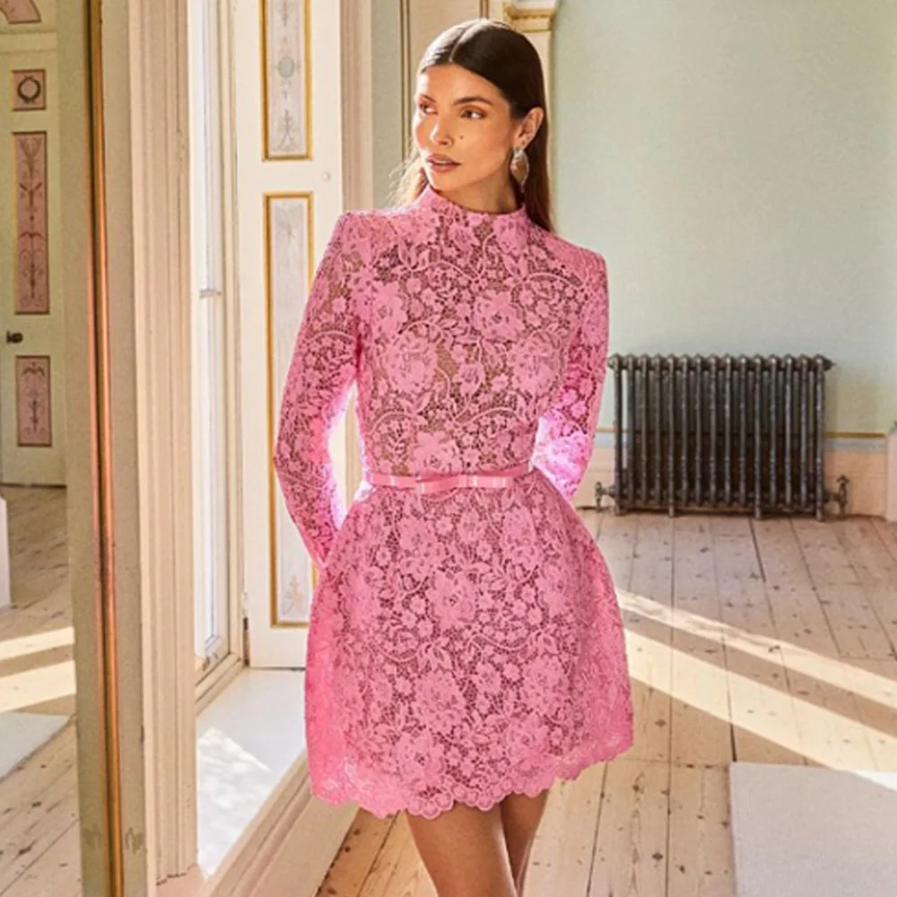 Pink Lace Short Sleeve High Neck A-Line Dress with Belt – Party Wedding Cocktail Dress Long Sleeve High Neck Ever Pretty