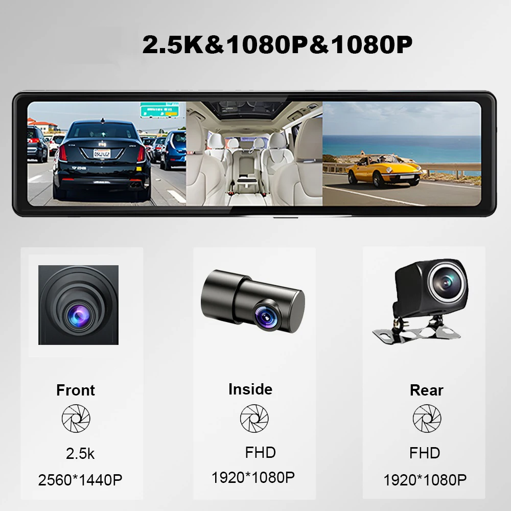 Tomostrong Car Rearview Mirror 11.26 INCH 3 Camera 2.5K Dash cam Loop Record App Control AUX Carplay Android Auto Night Vision