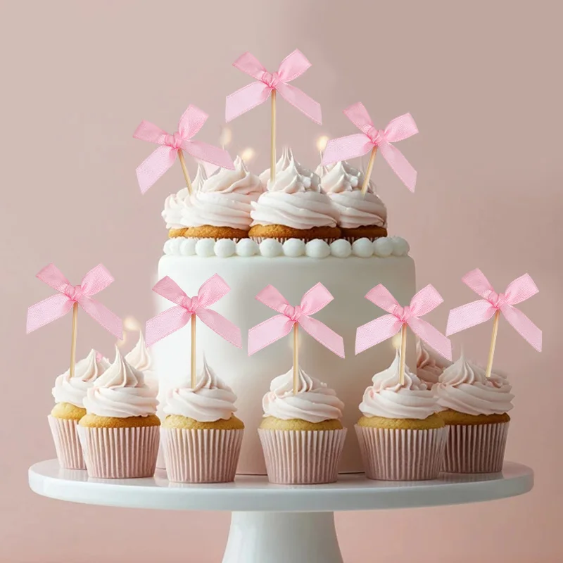 12Pcs Pink Bow Cupcake Toppers Kids Girls Birthday Party Cake Topper Decoration Baby Shower Wedding Bachelorette Party Supplies