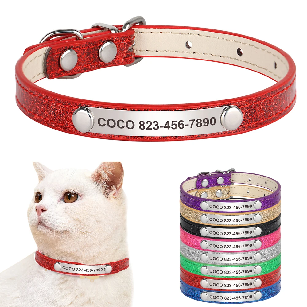 Custom Bling Leather Cat Collar with Engraved ID Nameplate for Cats & Small Dogs