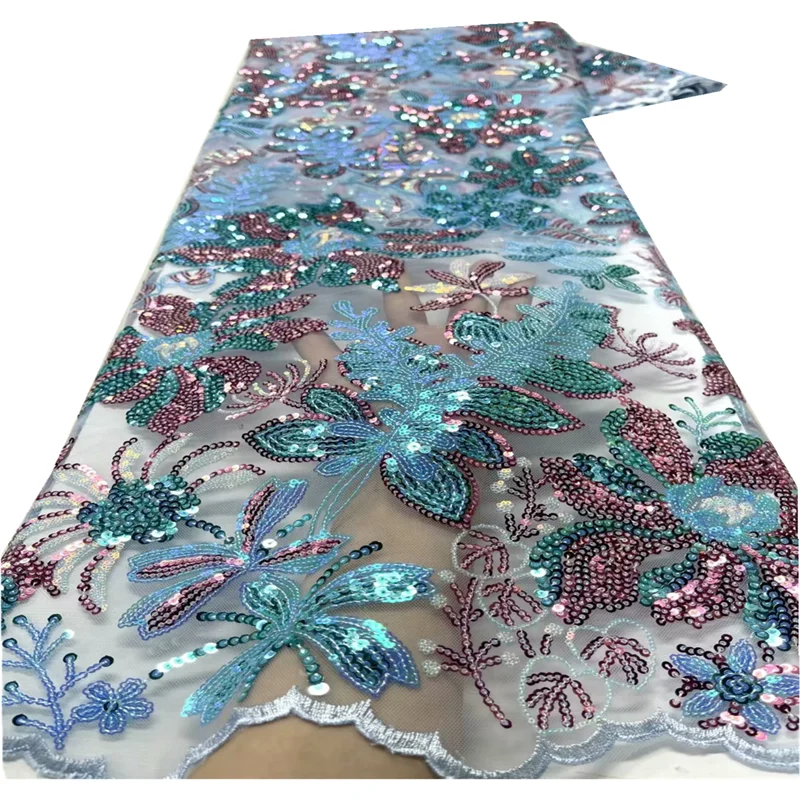 

Beautiful 3D Flowers Lace French Tulle Mesh Lace Fabric with Beads Purple Handmade Beads Lace Fabrics for Nigeria Party FYU48