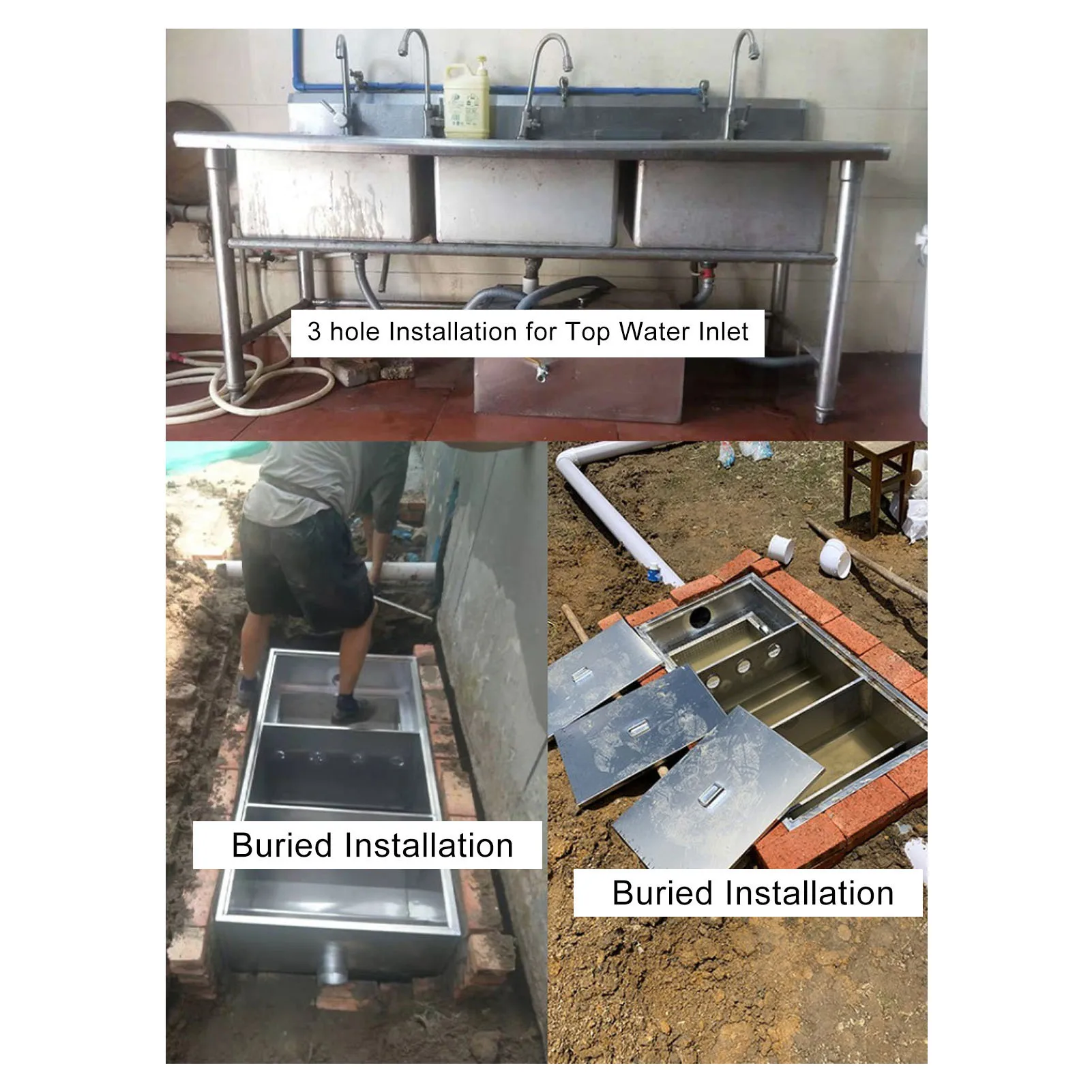Grease Trap 3 Stage Filtration Grease Trap Stainless Steel Interceptor for Kitchen Restaurant 50x25cm Dual Holes