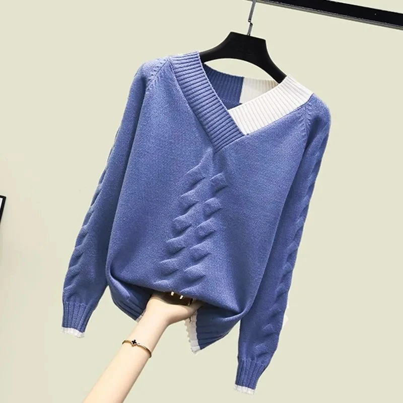

Women Spring Autumn Hedging Sweater Bottoming Shirt 2023 Female New Style Inner Coat Loose Student All-match V-neck Sweater WE96