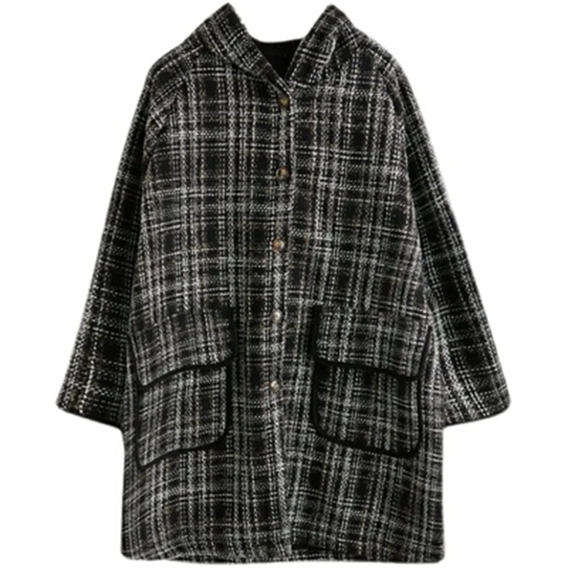 For Women's Autumn Winter 2022, The New Hooded Plaid Jacket is Added With Plush and Thickened Korean Loose Long-sleeved Cotton X