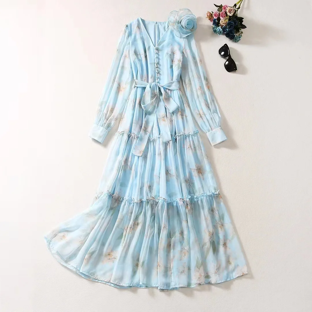 

European and American women's clothing 2023 autumn new V-neck Long sleeve three-dimensional flowers Fashion pleated dress blue