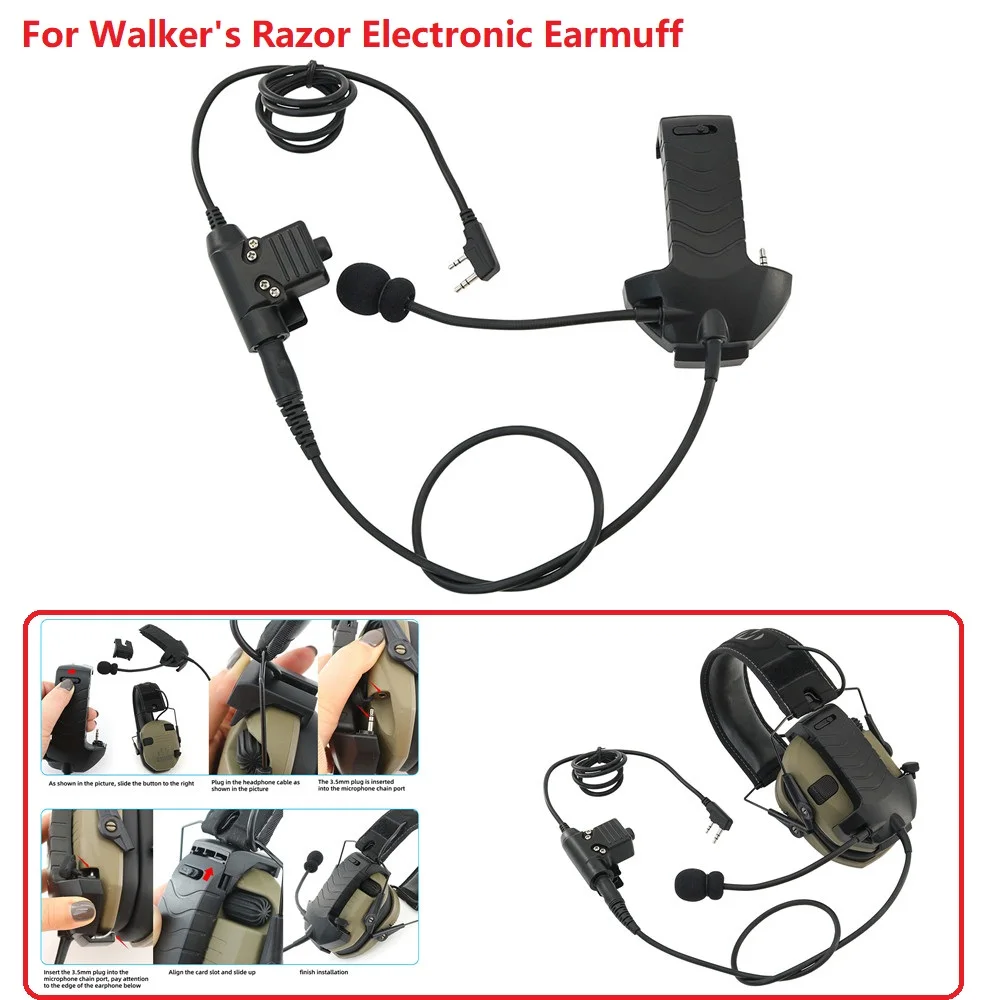 

Microphone & PTT for Walker's Razor Noise Cancelling Headphones Airsoft Tactical Headset Electronic Shooting Earmuffs