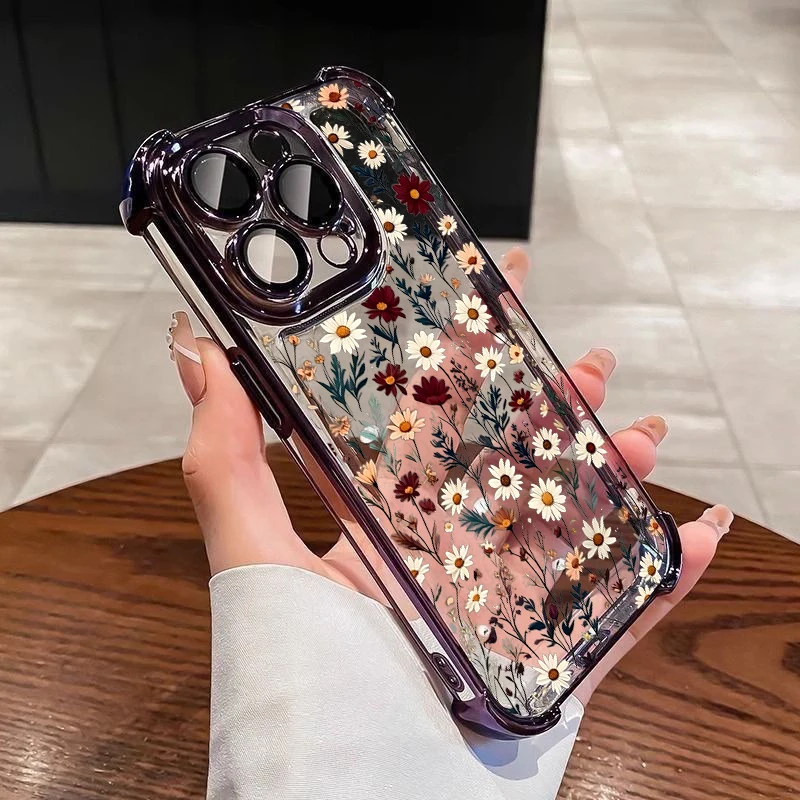 Elegant Daisy Flower Plating Airbag Phone Case - Transparent Shockproof Design