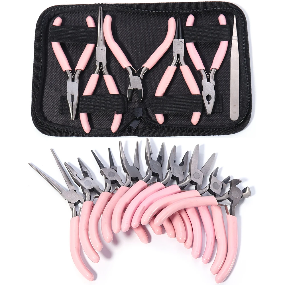 Portable Pink Color Stainless Steel Pliers Tools Set Round Nose Cutting Wire Plier Kit For Handcraft Beading DIY Jewelry Making