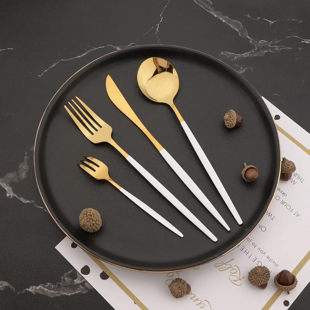White Gold Cutlery Set Stainless Steel Tableware Knife Cake Fork Coffee Spoon Dinnerware Set 30Pcs Kitchen Flatware Silverware cutlery set western style cutlery set picnic cutlery set stainless steel cutlery set