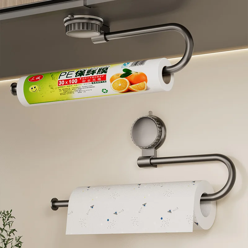 No-Drill Suction Cup Paper Towel Rack for Kitchen Cabinet Wrap Holder Cling Film Storage Shelf Towel Hanger Roll Paper Organizer