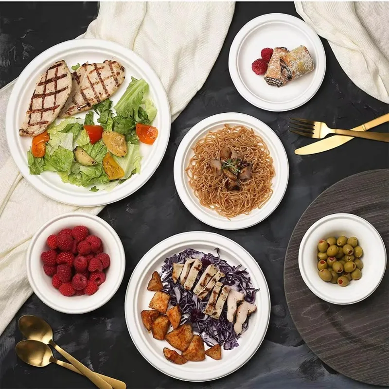 50PCS Disposable Round Plates Salad Barbecue Disposable Plates Restaurant Household Birthday Party Christmas Camping Picnics