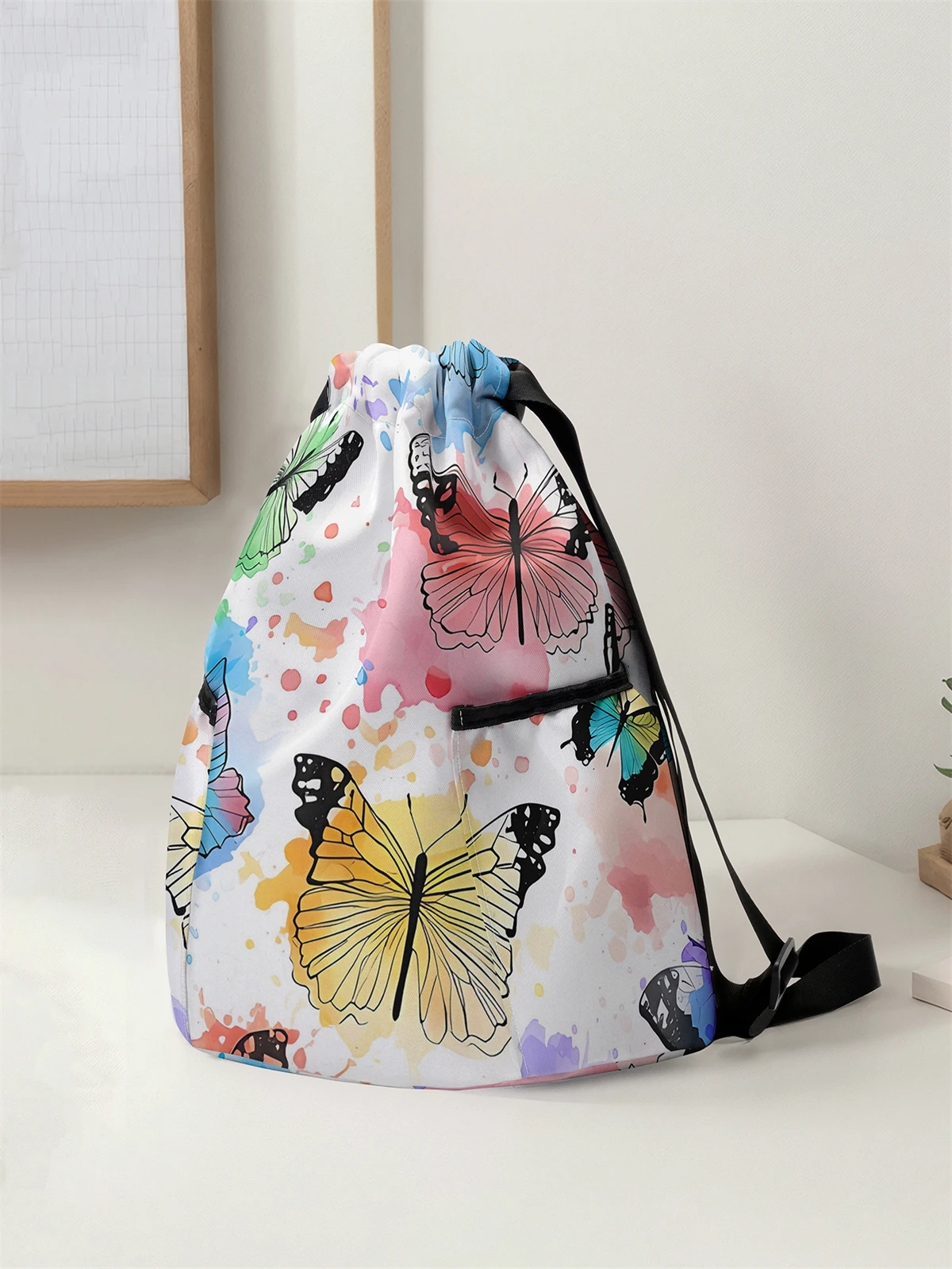 Butterfly Pattern Printed Drawstring Backpack - Large Capacity Durable Fitness Bag, Sports Beach Backpack