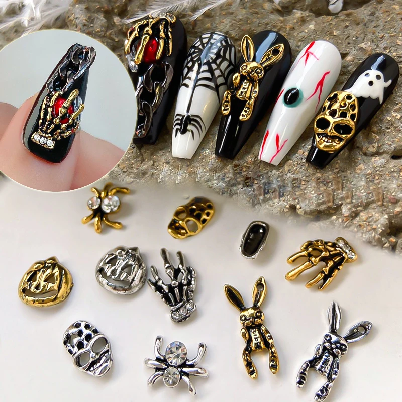 Halloween Nail Charms Silver Gold Metal Rhinestones Press on Nails Alloy  Art Decoration Hollow Y2k Parts Accessories Manicure