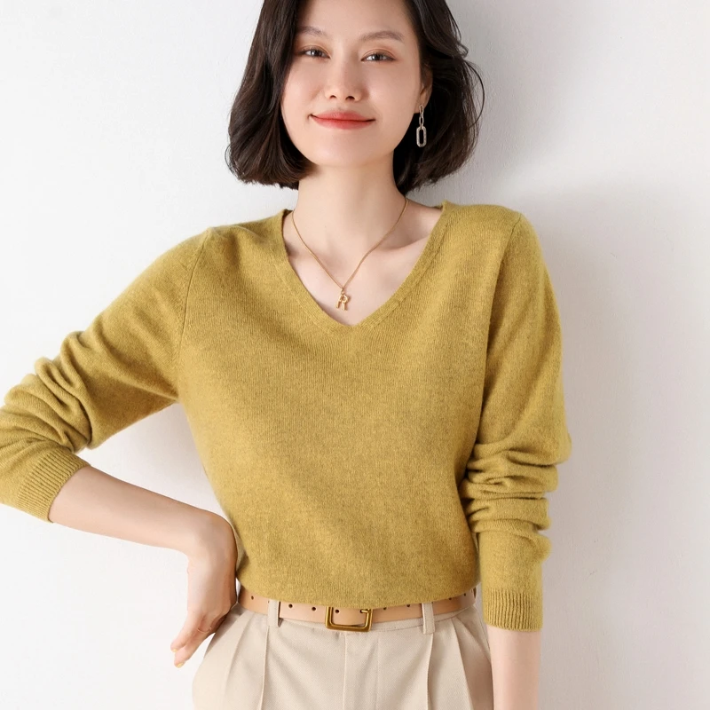 Women's 100% Pure Wool V-Neck Loose Pullover Sweater Basic Style All-Match Knitted Sweater women sweater