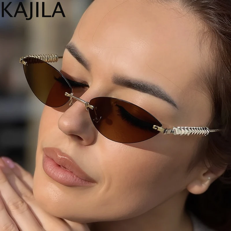 إطار صغير مثير عين القط الشرير بدون شفة النظارات الشمسية النساء 2025 العلامة التجارية الفاخرة البيضاوي نظارات شمسية معدنية للسيدات ظلال خمر UV400