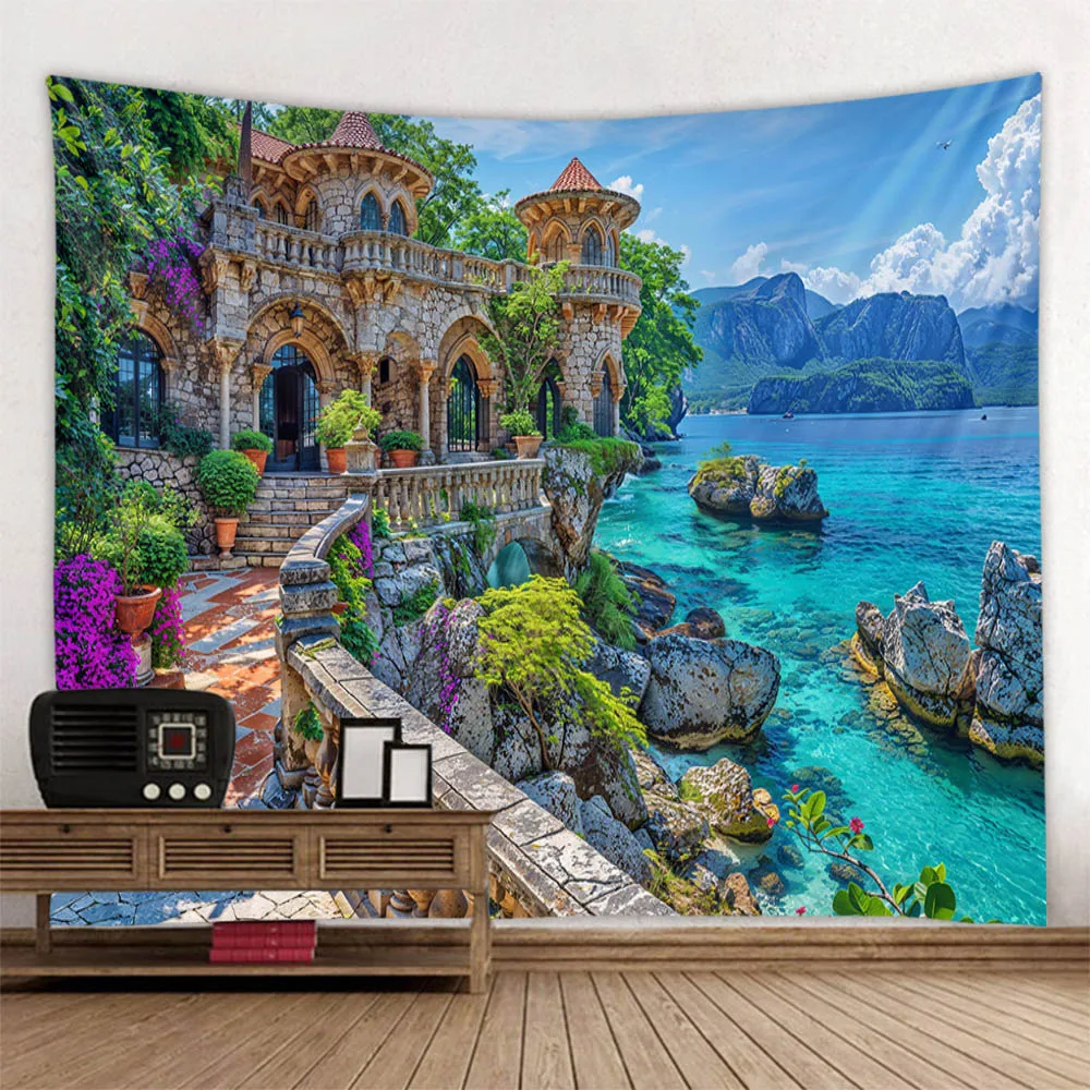 Garden Landscape Tapestry Home Art Decoration Wall Mounted Fairy Tale Posters Fantasy Sea View Room Background Cloth Tapestry Decor