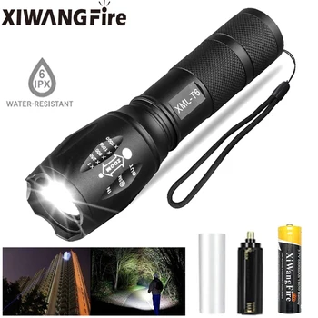 휴대용 강력한 LED 램프 XML-T6 손전등, 18650 충전식 배터리 사용, 야외 캠핑 전술 플래시 라이트