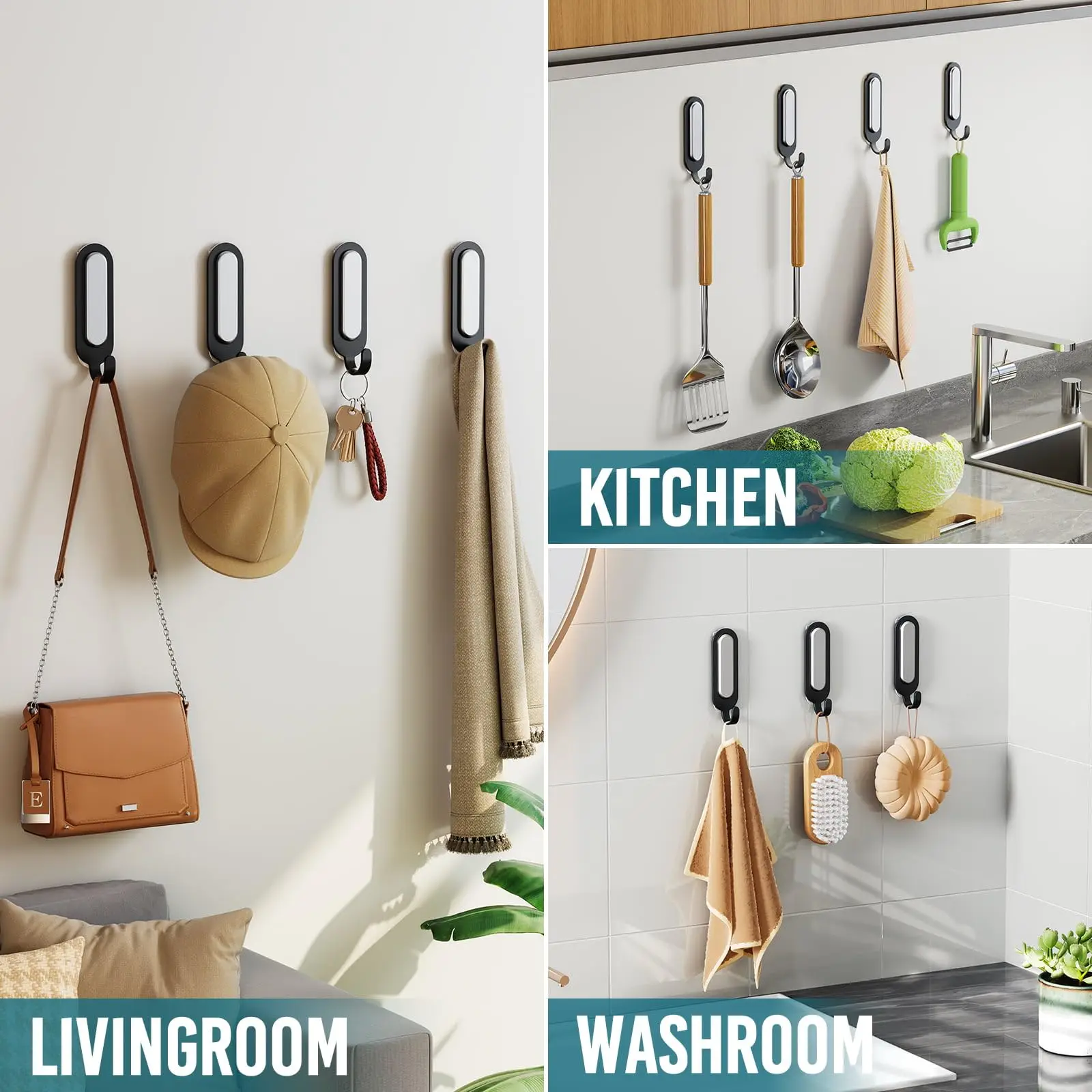 TAILI Hanging Wall Hooks with Adhesive Strips Utility Hooks for Home Storage 4 Hooks and 6 Strips Included, Damage Free for Wall 6
