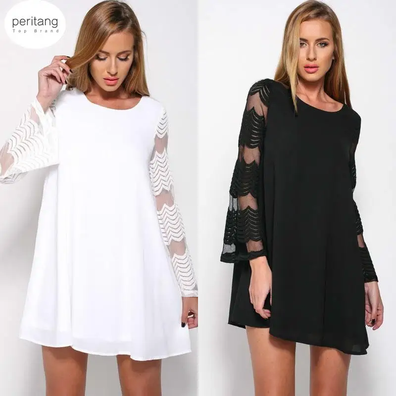 

Women's Spring Summer Chiffon Cold Shoulder Tunic Top Swing T-Shirt Loose Dress Long-sleeved O Neck Mini Dresses Female