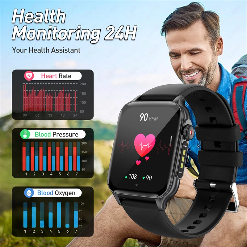 New 1.96"Smart Watches Men Women LED Flashlight 3ATM Waterproof Sport Watch Fitness Tracker Heart Rate Monitoring Smartwatch Man