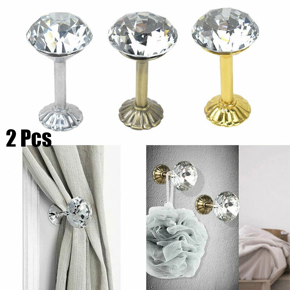 2Pc Crystal Curtain Holdbacks Hooks Wall Tie Backs Hooks Hanger Zinc Alloy Exquisite Diamond Wall Holder For Curtain Decoration