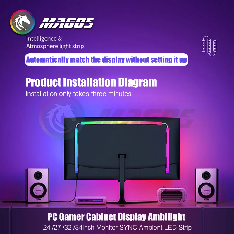 Visor para pc Gamer Ambilight24 27 32 34 Monitor Sync Faixa Led Sala de E-sport 16 Milhões Rgb Controle de Software Usb - Imagem 3