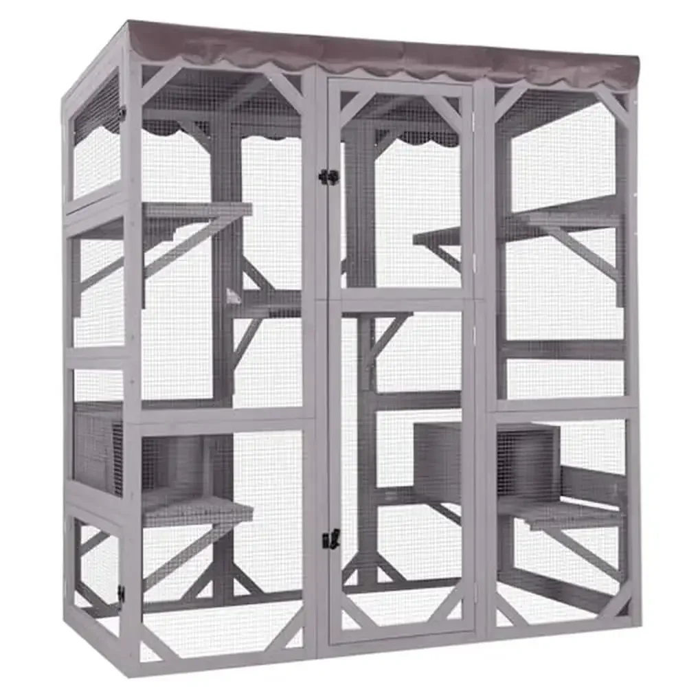 Large Walk-in Cat Cage With 7 Platforms And 2 Sleeping Houses Window Access Waterproof Tarp Roof Compatible With Cat Tunnel