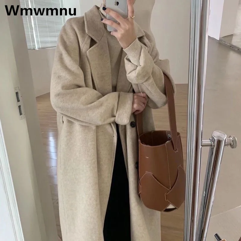 

Korean Styles Women's Winter Woolen Coats Loose Warm Fashion Double-breasted Wool Blends Overcoat Thickened Elegant Long Jackets