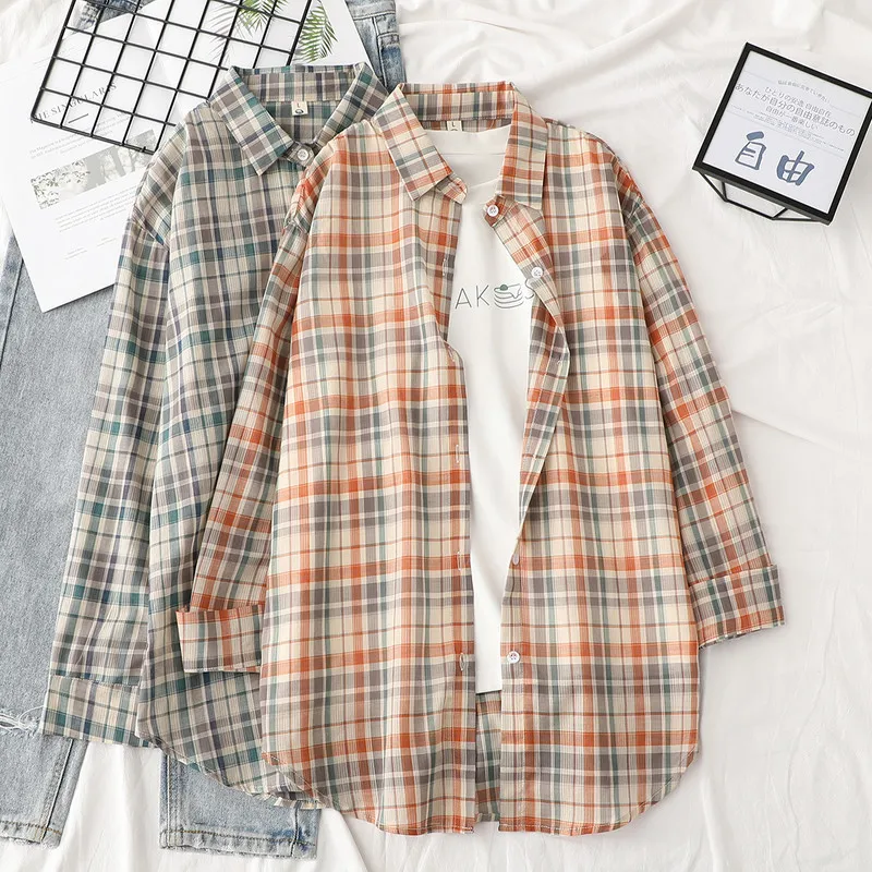 

Spring Autumn Simple Plaid Cotton Shirts Women Casual Vintage Korean Long Sleeve Blouse Tops Female Streetwear Chic Blusas 2021