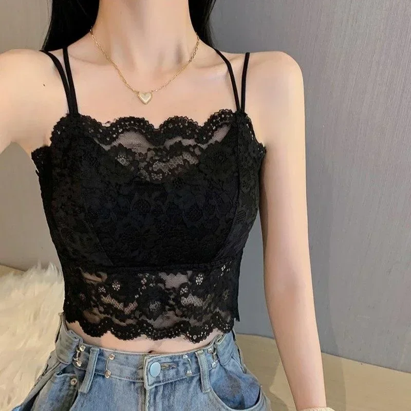 Women's Lace Crop Top Summer Slim Fit Sexy Backless Tank Korean Y2k Style Chic Solid Camisole