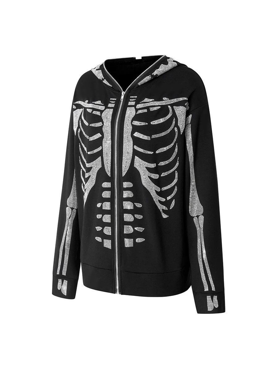 

Women Halloween Y2k Full Zip Up Hoodie Long Sleeve Graphic Jacket Goth Sweatshirt E-Girl Rhinestone Streetwear