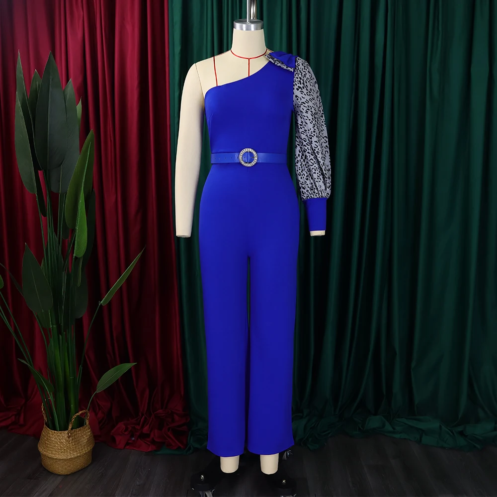 Sexy Jumpsuits & Rompers Woman One Shoulder Leopard Printed Sleeve Belt Waist Wide Leg Pants Birthday Party Dinner Outfits 2023