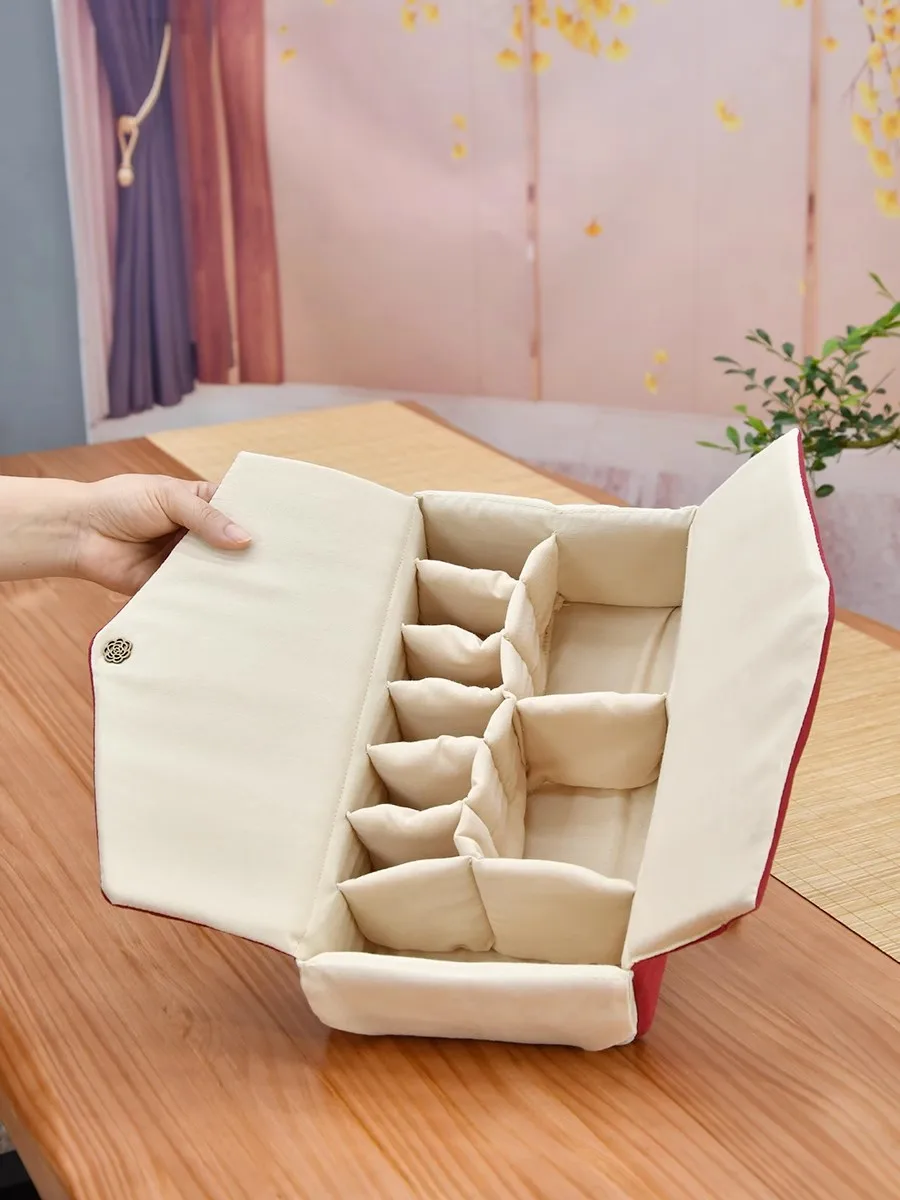 One or two pots, six cups, solid color Chinese travel set, tea set storage, hand-held cloth bag, camping picnic portable bag