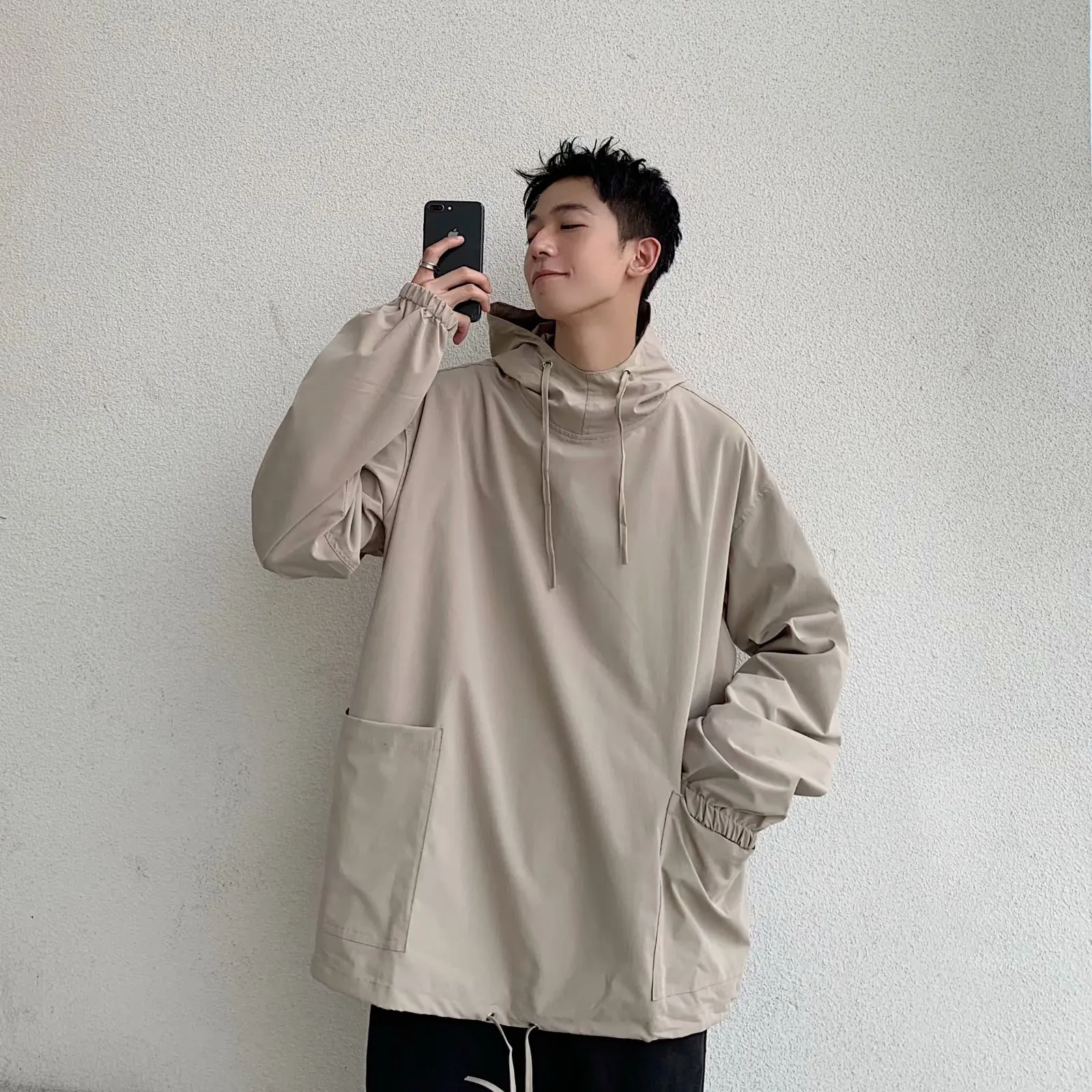 Harajuku Ulzzang Ins Chic Kpop Vibe Men Spring Jackets Male Hooded Hoodie Coat Pockets Drawstring Waist Moto Biker Jackets Tops