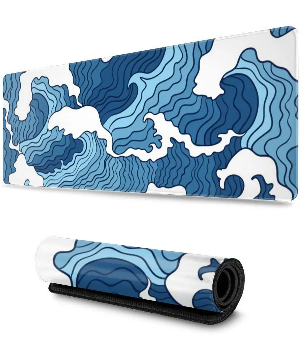 Japanese Blue and White Wave Gaming Mouse Pad XL, Non Slip Rubber Base