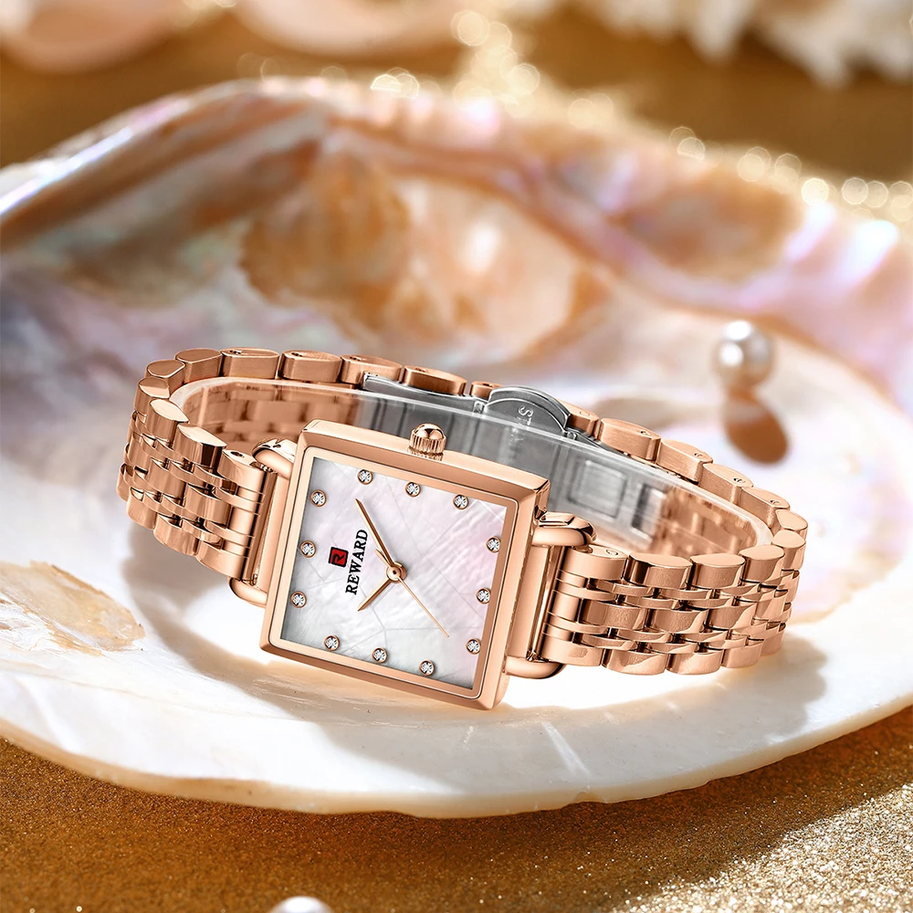 New 2022 REWARD Square Quartz Watch for Women Fashion Waterproof Ladies Simple Rose Gold Stainless Steel Wristwatches