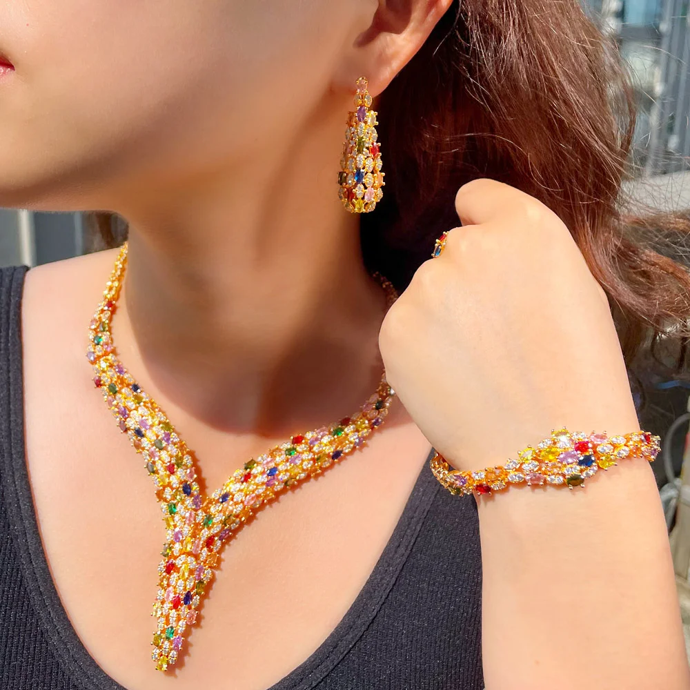 

CWWZircons 4pcs Multicolor Cubic Zirconia Nigerian Dubai Gold Plated Bridal Jewelry Sets for Wedding Costume Accessories T652