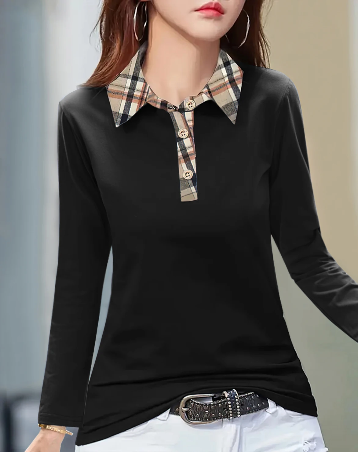 Women's solid color long-sleeved plaid collar POLO shirt, fashionable and casual everyday wear knitted tops. 24 S5a78d8f3f2024236b33177e22c694c56l