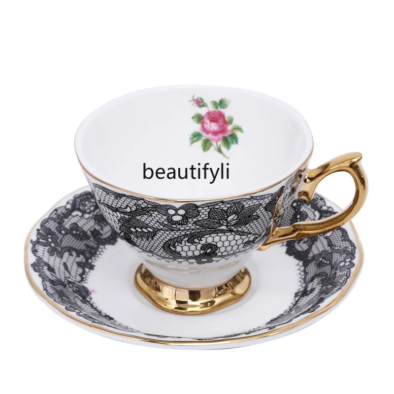 

GY Coffee Cup Black Lace British Bone China Coffee Cup and Saucer Afternoon Tea Black Tea Cup with Spoon Gift Box
