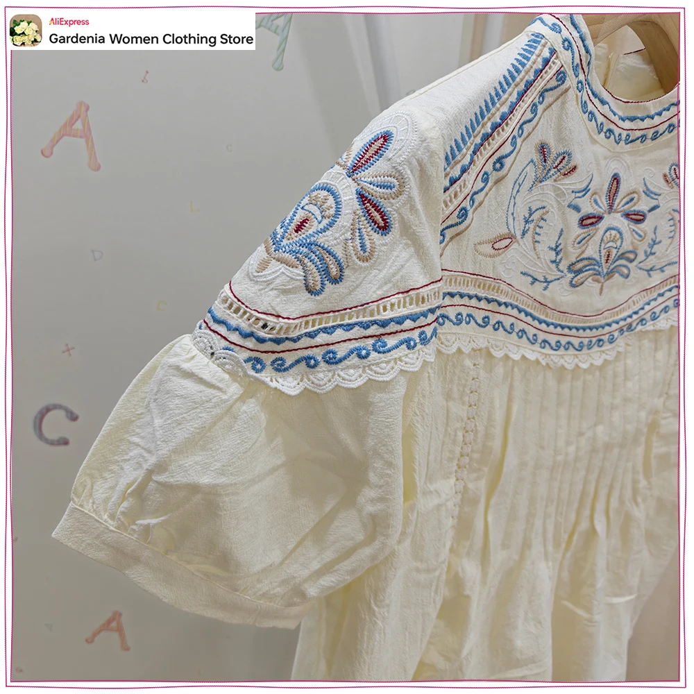 Stylish Embroidered Short Sets for Women Summer Matching Sets Round Neck Embroidered Short Sleeve Blouse and High-waisted Shorts, view 4