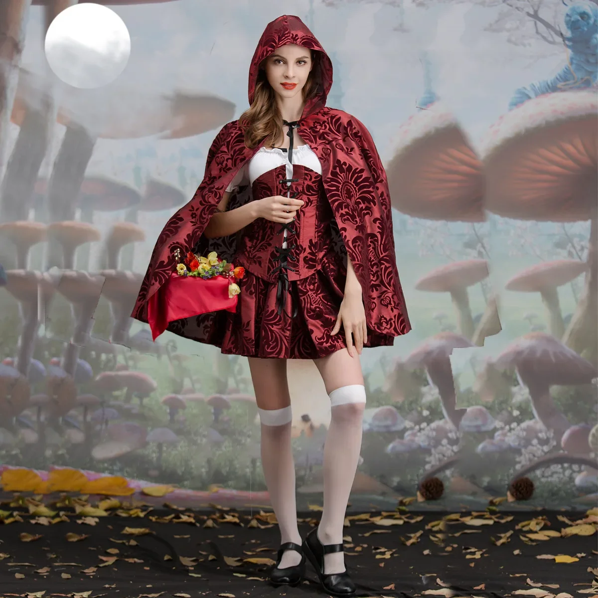 

Halloween Costume Printed Little Red Riding Hood Adult Dress Big Bad Wolf Fairy Tale Princess Dress Stage Costume