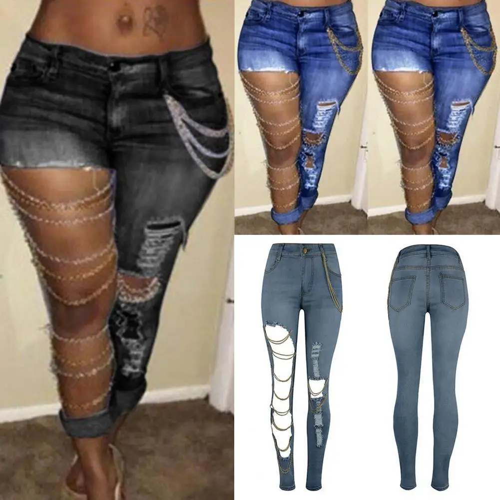 

Breathable Stretchy Exaggerated Ripped Holes Pencil Pants Trousers for Work