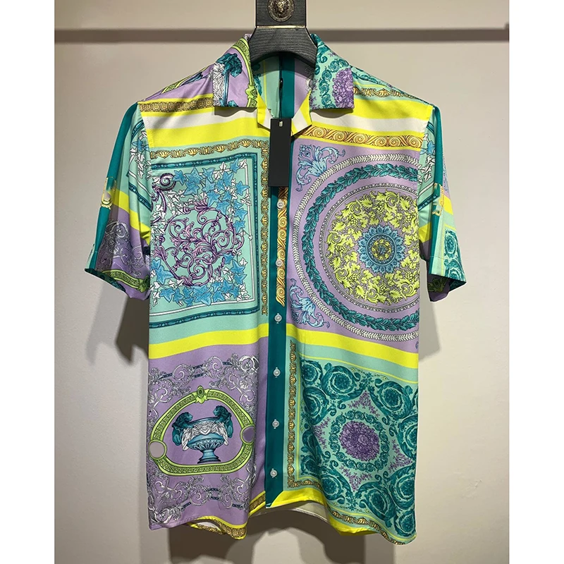 

2022 men's shirt Short sleeve Baroque full pattern mercerized satin fabric printed spring and autumn slim fit European and top